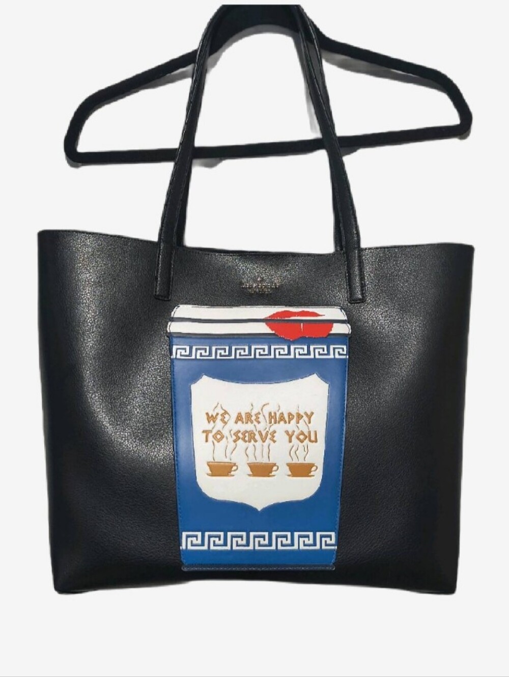 Kate Spade Coffee Break Tote We Are Happy To Serve You NYC Cup Black Leather Bag